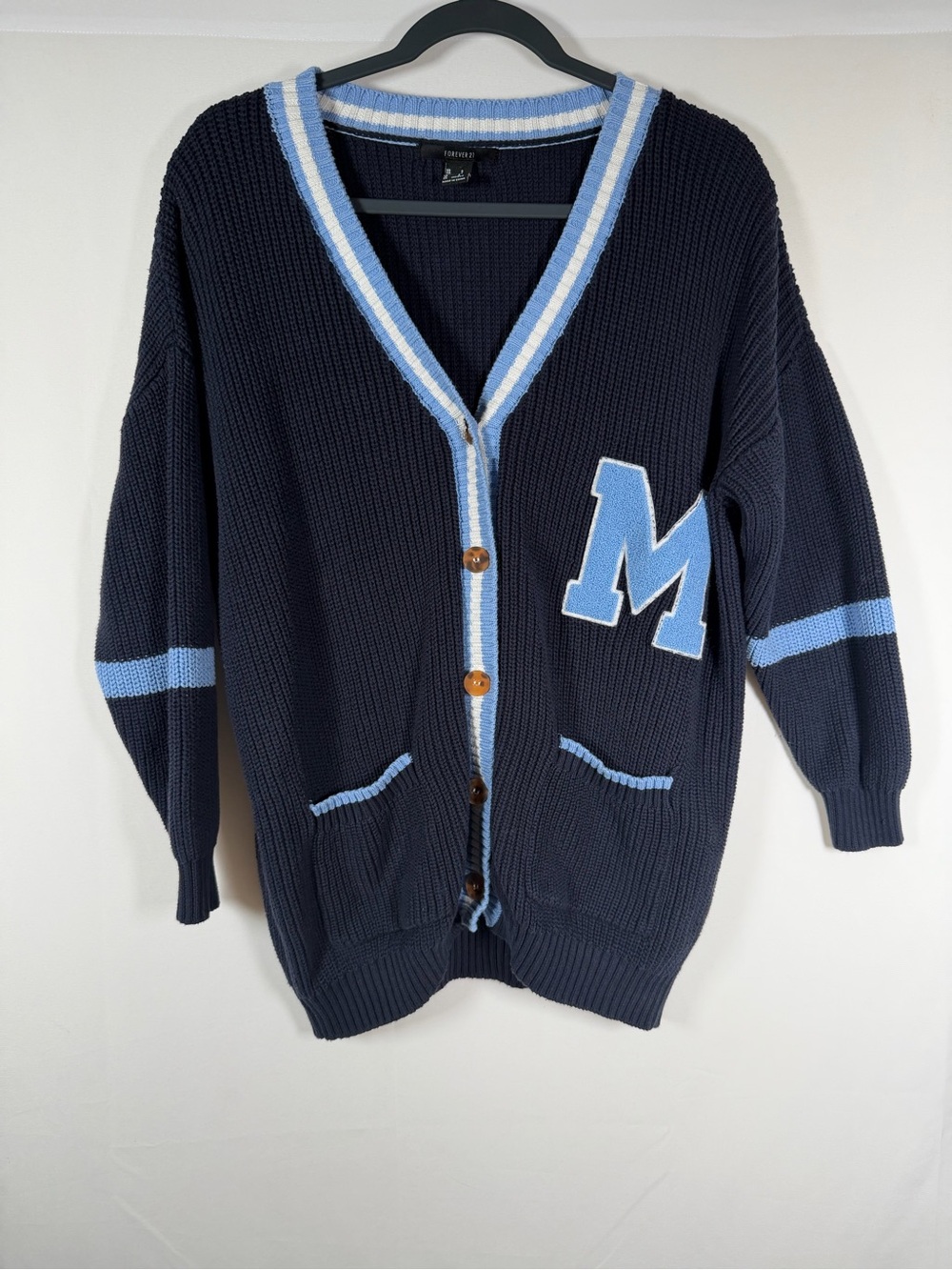 Men's Navy Blue Varsity Cardigan Sweater with Light Blue Trim Preppy, Old Money